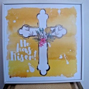 Cross He Has Risen Framed Watercolor Print on Wood Wall New